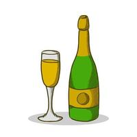 bouteille de bière et verre logo vecteur dessiné à la main conceptuel. Champagne boire de l'alcool fête icône logo concept