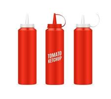 ensemble de bouteilles de ketchup 3d détaillées et réalistes. vecteur