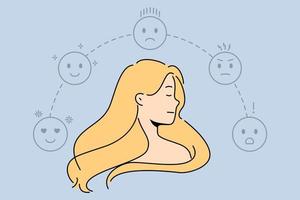 jeune femme entourée d'emojis avec différentes émotions. les femmes ressentent une expérience émotionnelle et expressive de mauvaise et de bonne humeur. illustration vectorielle. vecteur