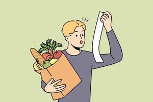 jeune homme stupéfait avec sac ou épicerie choqué par les dépenses au supermarché. un gars étonné surpris par les prix de la nourriture et des produits en magasin. illustration vectorielle. vecteur