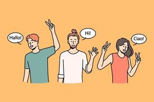 personnes multiraciales souriantes agitant les mains saluant dans différentes langues. heureux hommes et femmes interraciaux disant bonjour. groupe multiethnique. illustration vectorielle. vecteur