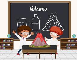 Jeune scientifique faisant une expérience de volcan devant un tableau en laboratoire vecteur