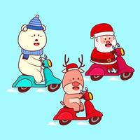 Père Noël et amis montent un dessin animé de scooter vecteur