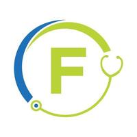 modèle de logo médical lettre f symbole de soins de santé. logo de médecins avec signe de stéthoscope vecteur