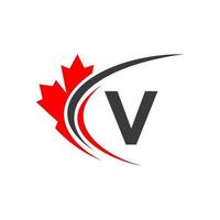 feuille d'érable sur le modèle de conception de logo lettre v. logo d'entreprise canadienne, entreprise et signe sur la feuille d'érable rouge vecteur