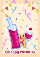 affiche de vacances de purim avec vin rouge vectoriel, biscuits hamantaschen et confettis, bannière de fête pour les vacances de purim juif, affiche de célébration. vecteur