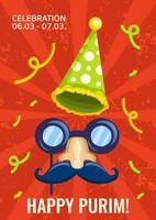 affiche de vacances pourim avec masque amusant avec moustache et cône de fête vert sur fond rouge. affiche de vecteur, invitation et carte de voeux avec date de célébration. vecteur
