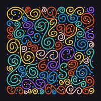 spirales colorées et points sur fond noir. motif lumineux. lignes bouclées ondulées. formes amusantes. éléments rayés. vecteur