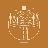 paysage de cascade de montagne nature dans un bol de ramen illustration monoline pour vêtements vecteur