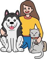 chien husky dessiné à la main avec illustration de chat et propriétaire dans un style doodle vecteur