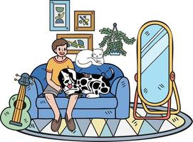dessiné à la main le propriétaire embrasse le chien et le chat dans l'illustration du salon dans un style doodle vecteur