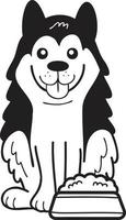 chien husky dessiné à la main avec illustration de nourriture dans un style doodle vecteur