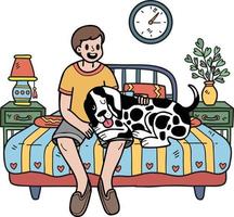 le propriétaire et le chien dessinés à la main dorment dans l'illustration de la chambre dans un style doodle vecteur