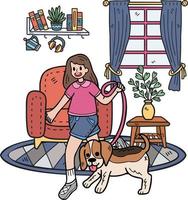 dessiné à la main le propriétaire joue avec le chien dans l'illustration de la chambre dans un style doodle vecteur