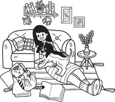 dessiné à la main le propriétaire embrasse le chien et le chat dans l'illustration du salon dans un style doodle vecteur