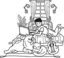 propriétaire dessiné à la main travaillant sur ordinateur portable avec chien et chat dans l'illustration de la chambre dans un style doodle vecteur