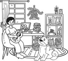 dessiné à la main le propriétaire joue de la guitare avec le chien dans l'illustration de la chambre dans un style doodle vecteur