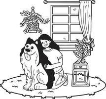 dessiné à la main le propriétaire a étreint le chien dans l'illustration de la chambre dans un style doodle vecteur