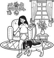 dessiné à la main le propriétaire joue avec le chien dans l'illustration de la chambre dans un style doodle vecteur