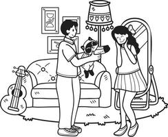 homme dessiné à la main donne un chat en cadeau à une illustration de femme dans un style doodle vecteur