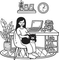 dessiné à la main le propriétaire s'assoit et embrasse le chat dans l'illustration du bureau dans un style doodle vecteur