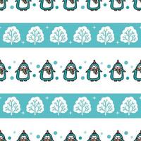 joli motif géométrique d'hiver avec des pingouins et des arbres enneigés. impression vectorielle drôle avec des bébés animaux pour textile pour enfants, papier d'emballage vecteur