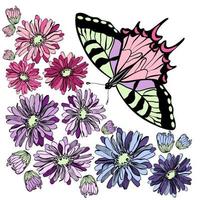 un papillon avec des fleurs et des bourgeons de gerbera vecteur
