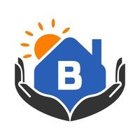 concept de logo immobilier lettre b avec modèle soleil, maison et main. vecteur d'élément de logo de maison sûre