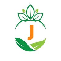 écologie santé sur la lettre j éco bio logo frais, agriculture légumes de la ferme. modèle de nourriture éco végétarienne bio saine vecteur