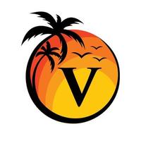 logo de plage sur le signe vectoriel lettre v. vacances d'été sur le logo de la plage tropicale