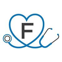 logo médical sur le modèle de lettre f. logo de médecins avec vecteur de signe de stéthoscope