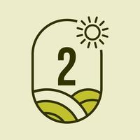 modèle d'emblème de logo agricole lettre 2. agro-ferme, agro-industrie, panneau éco-ferme avec soleil et symbole de champ agricole vecteur
