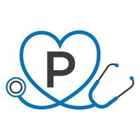 logo médical sur le modèle de lettre p. logo de médecins avec vecteur de signe de stéthoscope