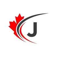 feuille d'érable sur le modèle de conception de logo lettre j. logo d'entreprise canadienne, entreprise et signe sur la feuille d'érable rouge vecteur