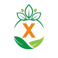 écologie santé sur la lettre x éco bio logo frais, légumes de la ferme agricole. modèle de nourriture éco végétarienne bio saine vecteur