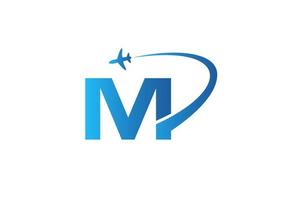 concept de conception de logo de voyage lettre m avec symbole d'avion volant vecteur