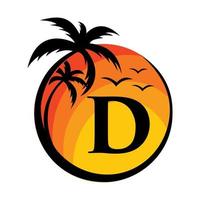 logo de la plage sur le signe vectoriel de la lettre d. vacances d'été sur le logo de la plage tropicale
