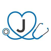 logo médical sur le modèle de lettre j. logo de médecins avec vecteur de signe de stéthoscope