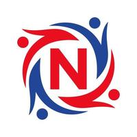 logo de la charité américaine sur le signe de la lettre n. unir l'icône de la fondation du travail d'équipe logo de soins de l'organisation vecteur