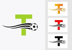 logo de football de football sur le signe de la lettre t. concept d'emblème de club de football d'icône d'équipe de football vecteur