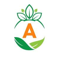 écologie santé sur lettre a eco logo bio frais, légumes de la ferme agricole. modèle de nourriture éco végétarienne bio saine vecteur