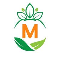 écologie santé sur la lettre m éco bio logo frais, agriculture légumes de la ferme. modèle de nourriture éco végétarienne bio saine vecteur