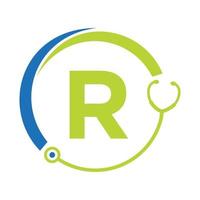 modèle de logo médical lettre r symbole de soins de santé. logo de médecins avec signe de stéthoscope vecteur