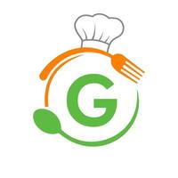 logo lettre g avec chapeau de chef, cuillère et fourchette pour le logo du restaurant. logo de restaurant vecteur