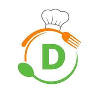 logo lettre d avec chapeau de chef, cuillère et fourchette pour le logo du restaurant. logo de restaurant vecteur