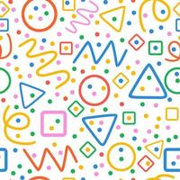 modèle sans couture coloré. cercles, triangles, serpentine, points, carrés, losange et zigzag. fond de forme de doodle de ligne colorée amusante. vecteur