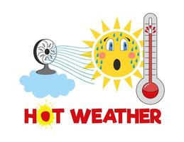 chaleur extrême soleil caractère icône vecteur illustration dessinée à la main. nuage, ventilateur, vent, thermomètre. temps chaud. couleurs jaune, bleu, orange, rouge, blanc.