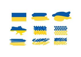 ensemble de drapeaux ukrainiens avec coups de pinceau, points et lignes. effet de coup de pinceau du drapeau national ukrainien sur fond blanc. vecteur