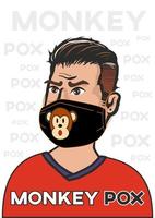 homme dans un masque avec photo de singe sur fond blanc. illustration vectorielle éclosion de virus de la maladie infectieuse monkeypox. vecteur