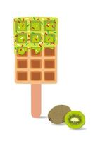 aliments sucrés et desserts, illustration vectorielle d'un chien de maïs maison brun doré ou d'une gaufre de hot-dog sur un bâton dans diverses décorations de saveurs et chocolat vert avec kiwi entier et demi kiwi. vecteur